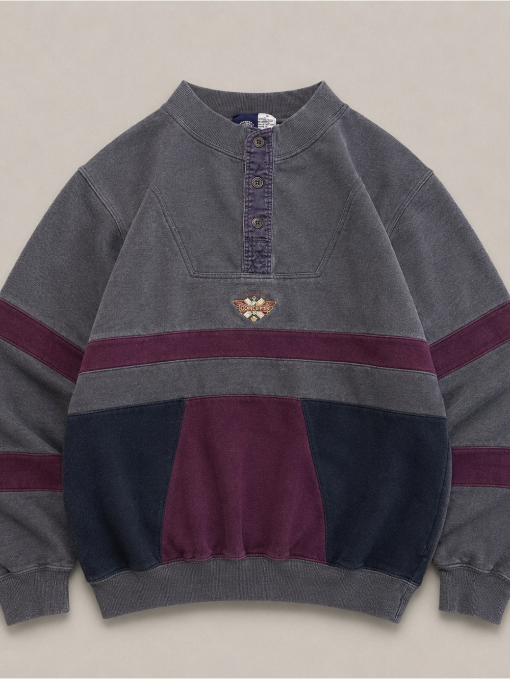 Men's Crewneck Pullover Sweater in Charcoal with Burgundy & Navy Panels